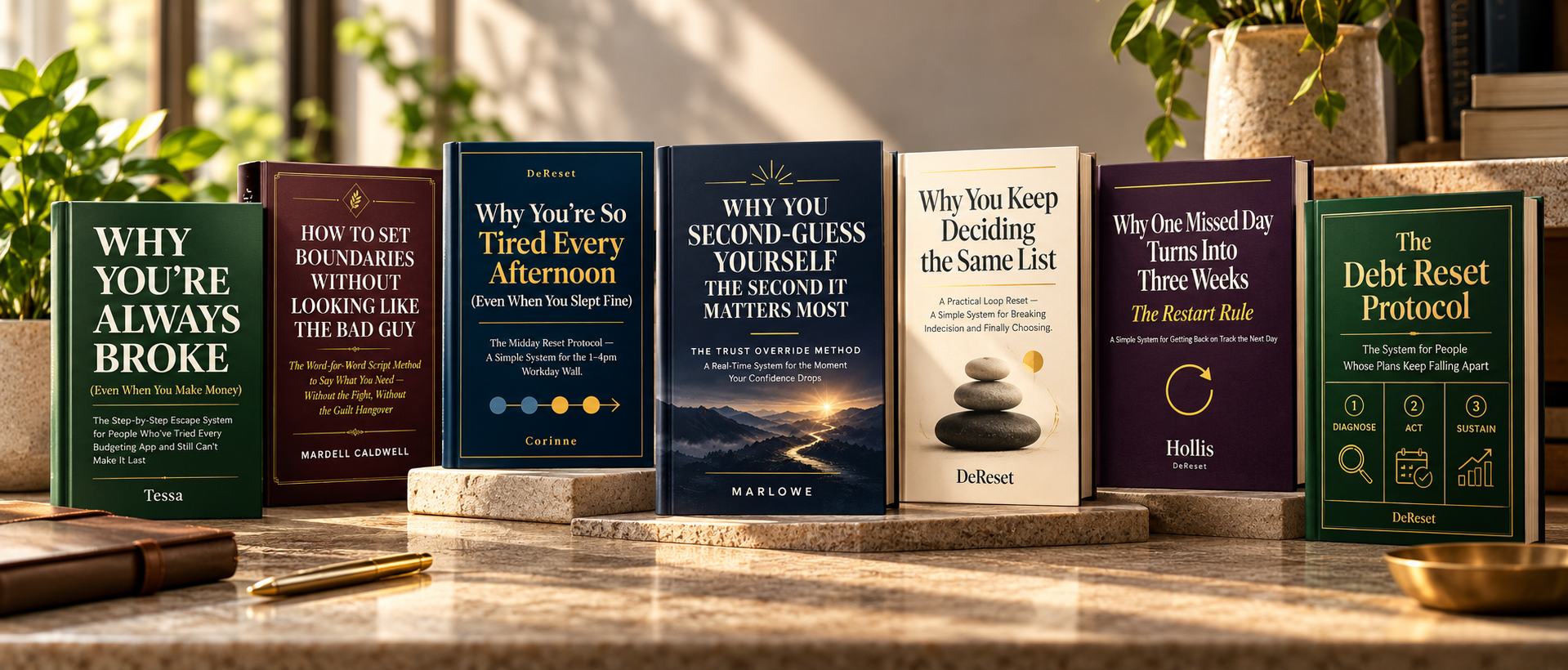 The DeReset guides standing together on a sunlit counter